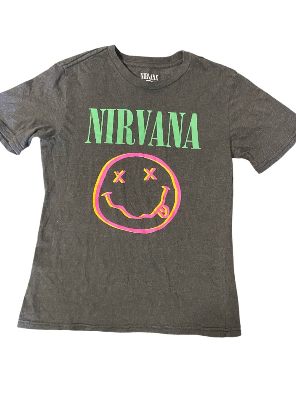 NIRVANA • Grey Tee with Green Logo and Pink/Yellow Smiley